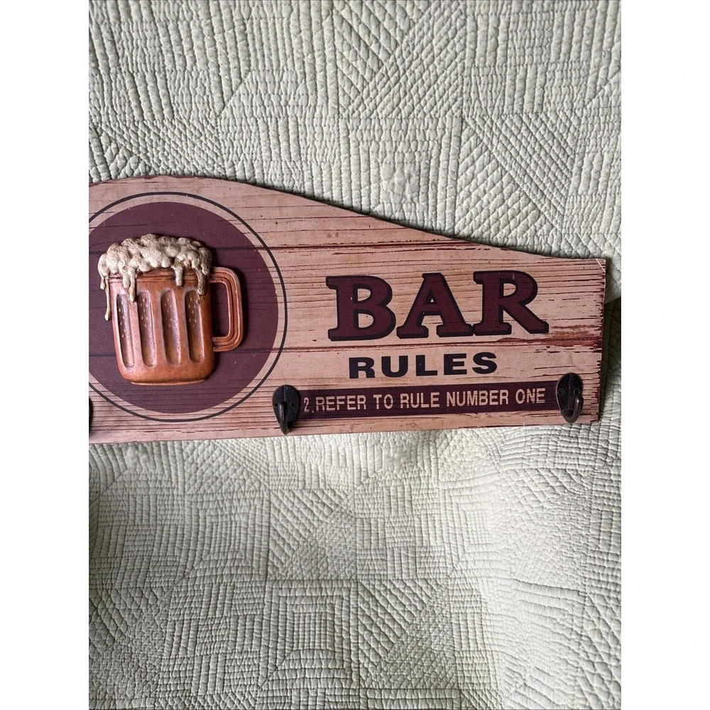My Bar Official Rules Rustic Wood Wall Sign Beer Mug 4 Hooks 24